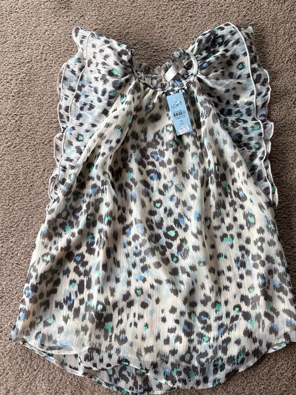 LOFT Cream Blouse with Teal & Brown Animal Print Ruffle Sleeves